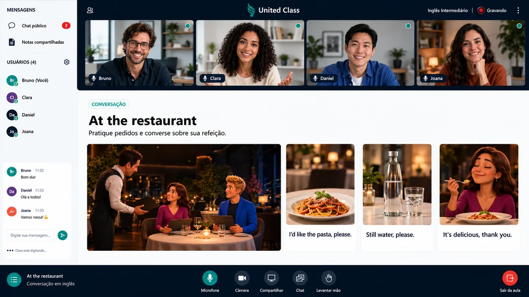 Ilustração de uma aula de conversação United Class sobre restaurante, com quatro participantes em vídeo e as expressões praticadas nesta atividade