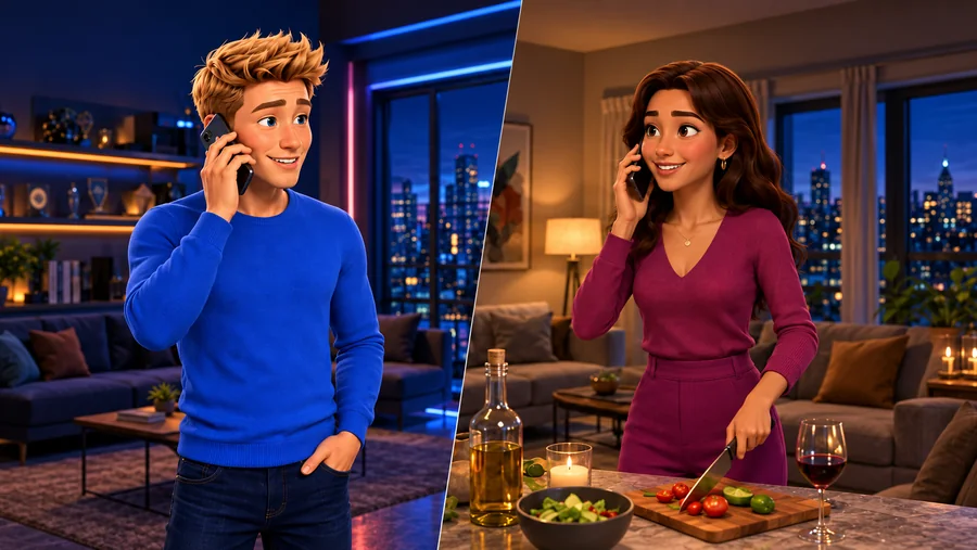 Dois personagens conversam por telefone à noite, em seus apartamentos