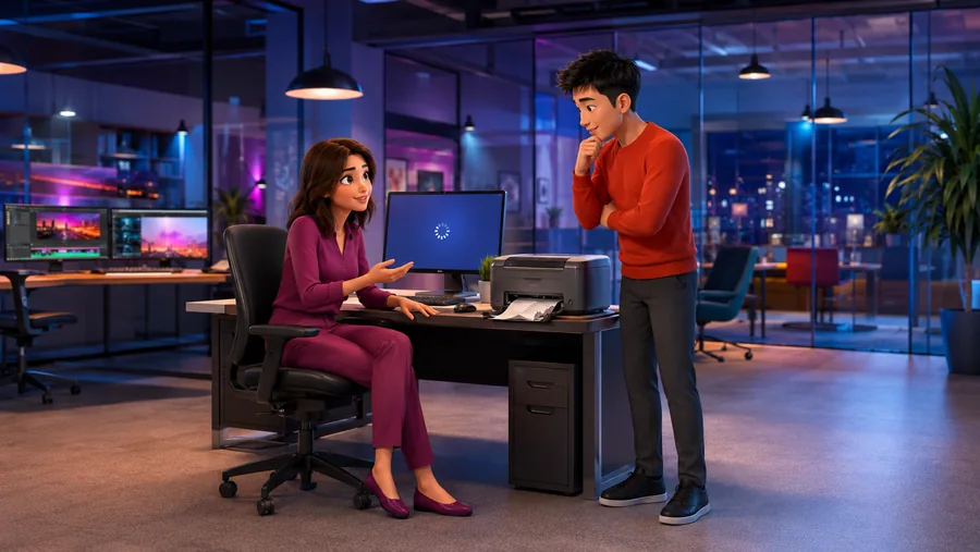 Personagens da United trocam ideias junto a um computador no escritório