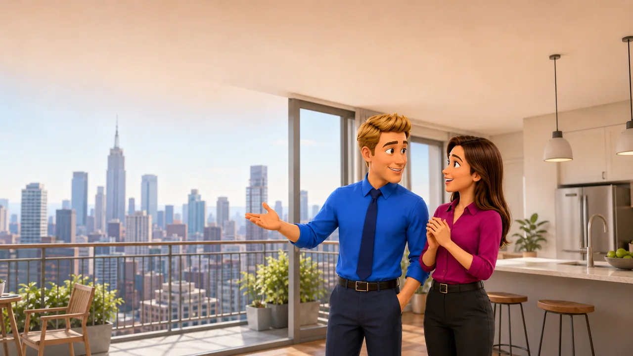 Personagens conversam em um apartamento com vista para Nova York