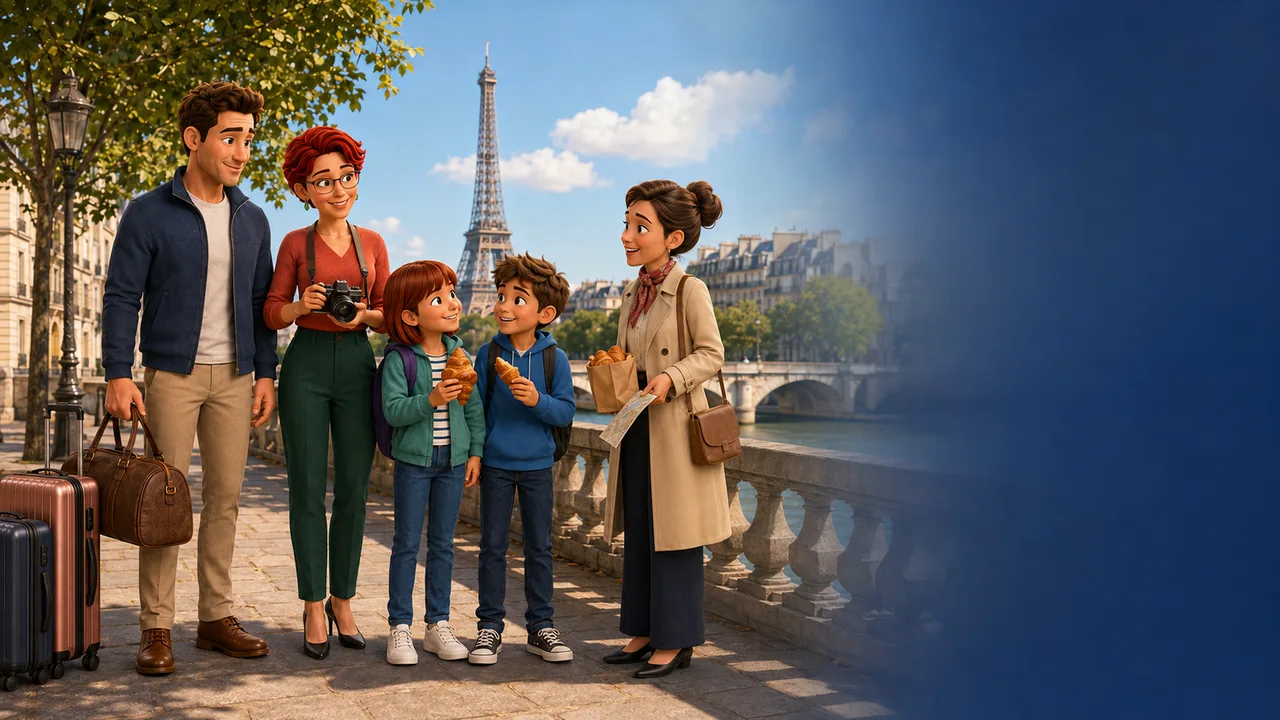 Família e guia conversam perto da Torre Eiffel durante um passeio em Paris