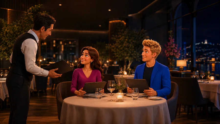 Personagens da United conversam com o garçom durante um jantar
