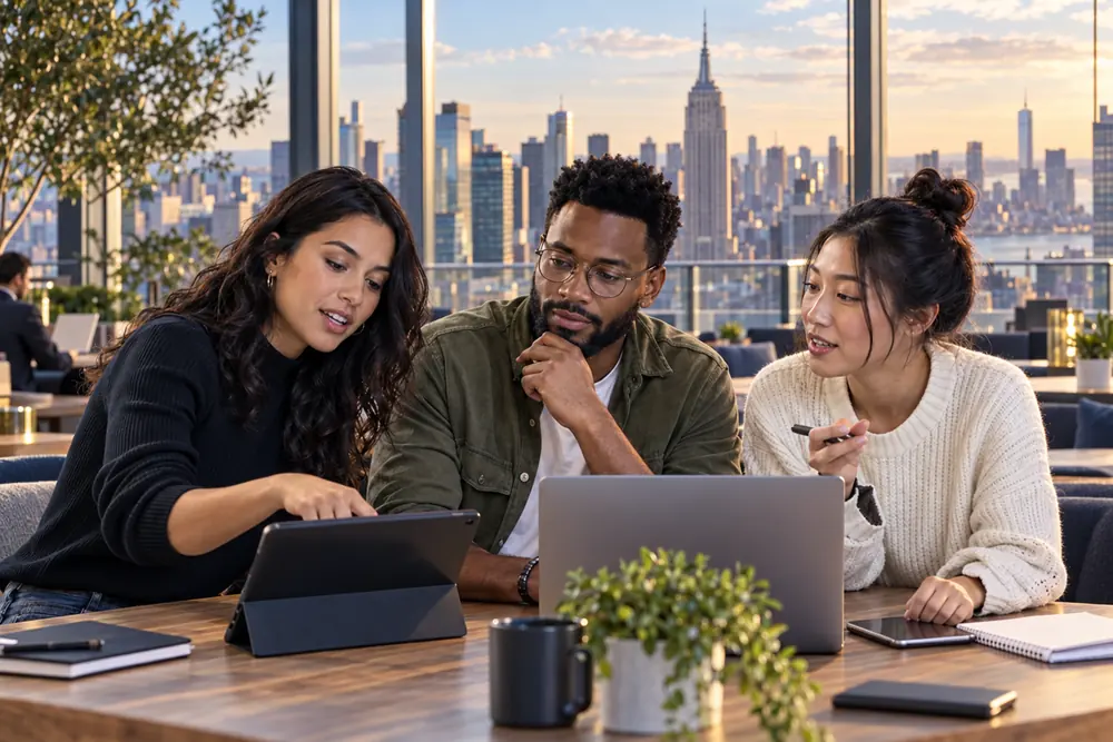 Cena ilustrativa de profissionais conversando com vista para Nova York